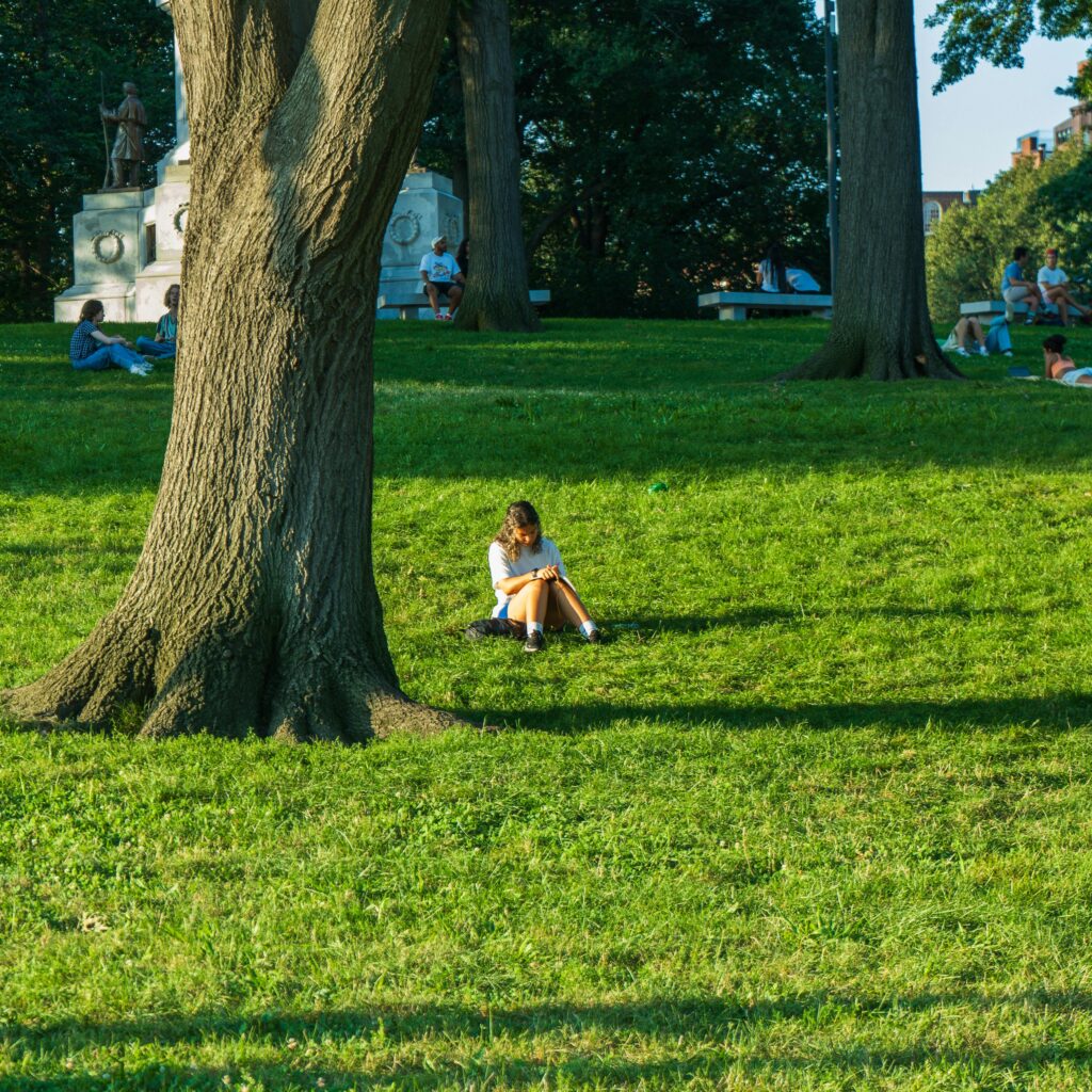 A young woman relaxes under a tree in a Boston park on a bright summer day.