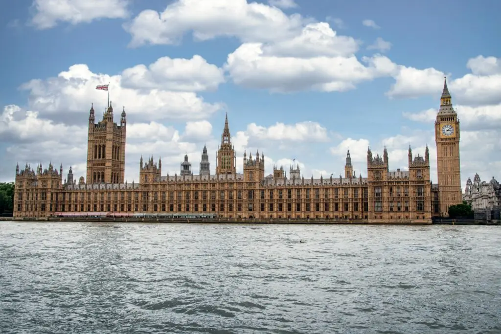 Panoramic view of the Palace of Westminster and Big Ben across the River Thames in London.