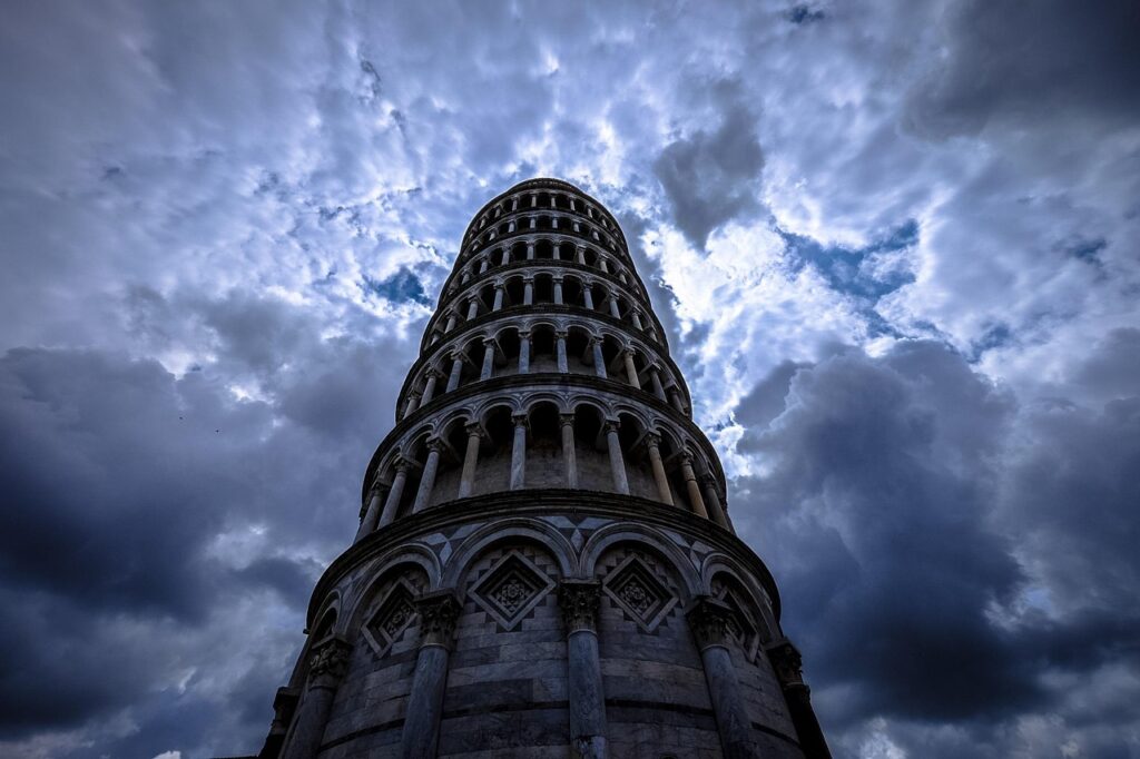 arches, leaning tower of pisa, architecture, building, clouds, columns, low angle shot, overcast, perspective, pillars, pisa, tower, gloomy, antique, history, italian, italy, blue clouds, nature, blue building, blue history