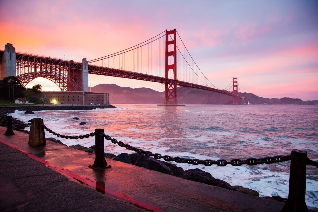 architecture, golden gate bridge, san francisco, suspension bridge, bay, nature, san francisco bay, sunset, dusk, twilight, bridge, buildings, landmark, ocean, sea, water, waves