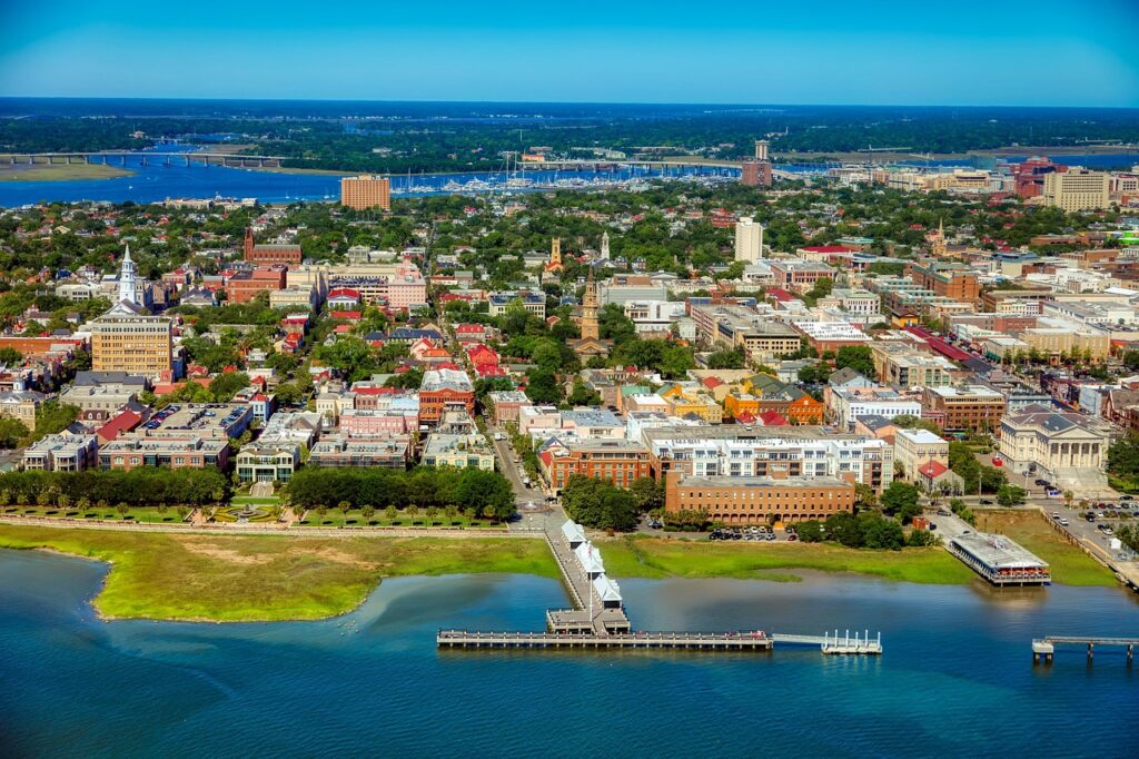 charleston, south carolina, america, city, urban, landmarks, historic, tourism, aerial view, buildings, nature, cityscape, downtown, hdr, bay, harbor, pier, dock, sea, ocean
