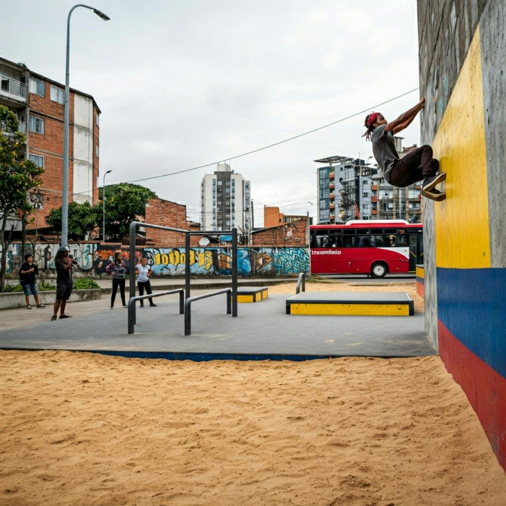 A vibrant urban skate park featuring wall climbing, graffiti, and city skyline.