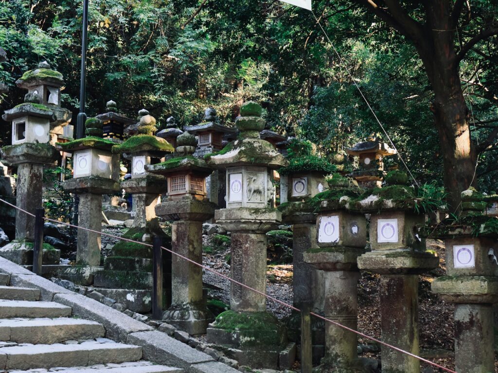 Moss-covered stone lanterns line a tranquil forest path in a historic setting.