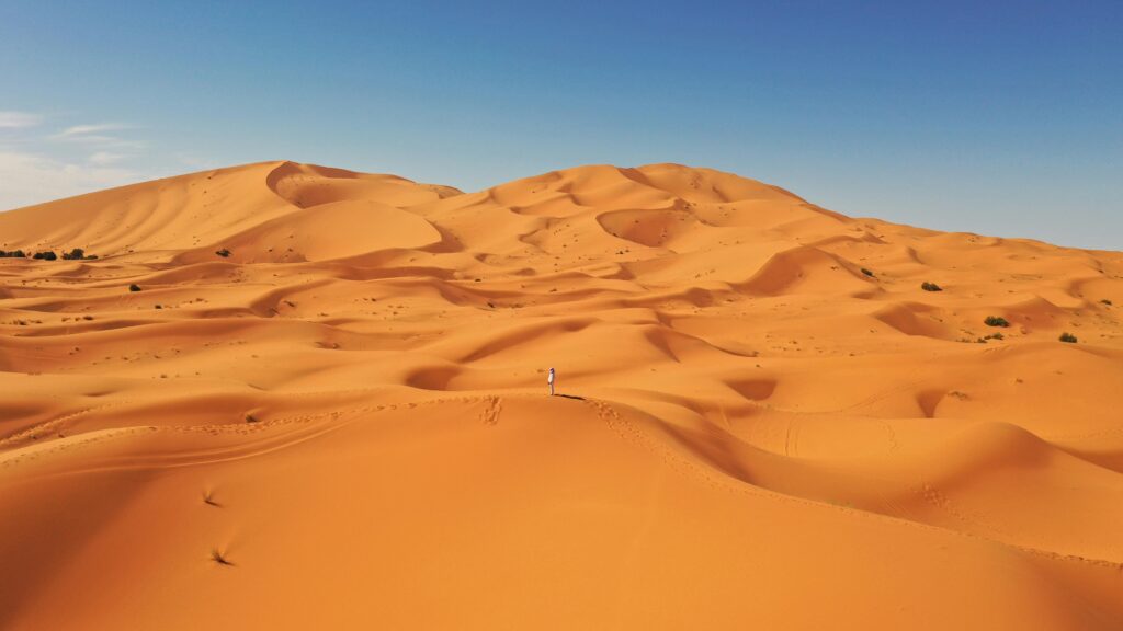 A solitary figure amidst the vast golden dunes of the Sahara under a clear blue sky.