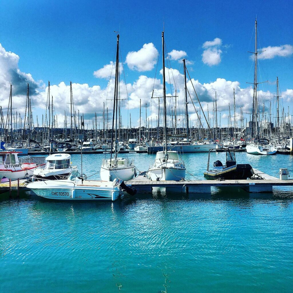 Beautiful marina view with sailboats and yachts under a bright blue sky.