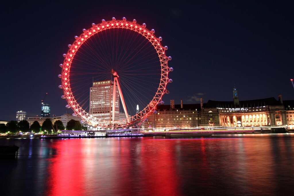 london eye at night, london eye across thames, london, attraction, big, britain, city, nature, cruises, england, europe, eye, leisure, night, pier, reflection, river, thames, tourism, water, westminster