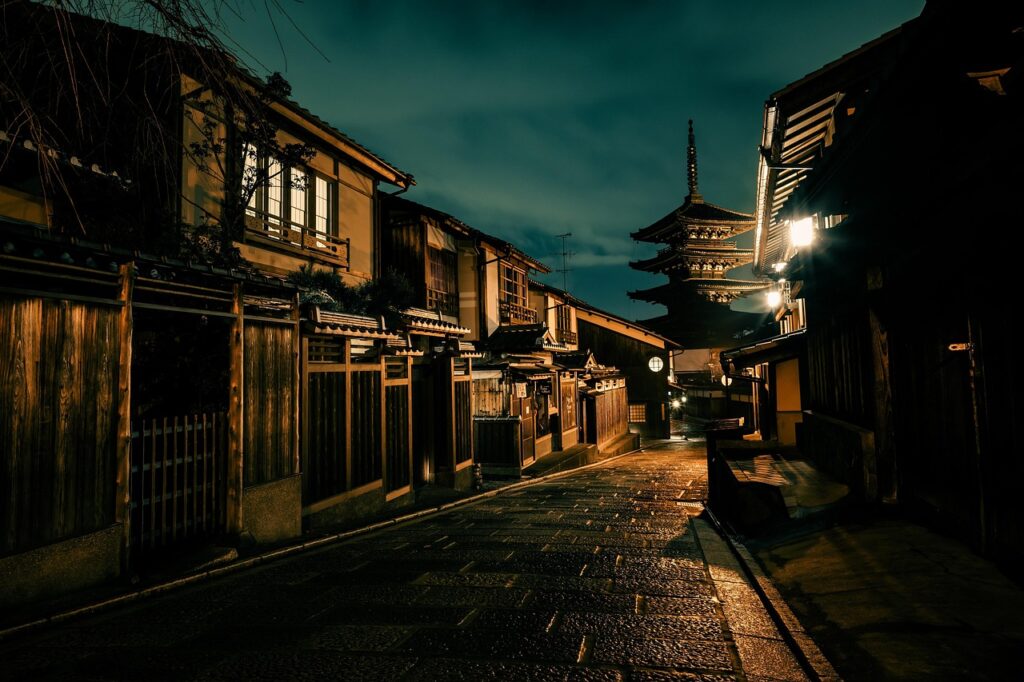 alley, street, houses, buildings, five story pagoda, night view, old town, gion, kyoto, japan, street, kyoto, japan, japan, japan, japan, japan