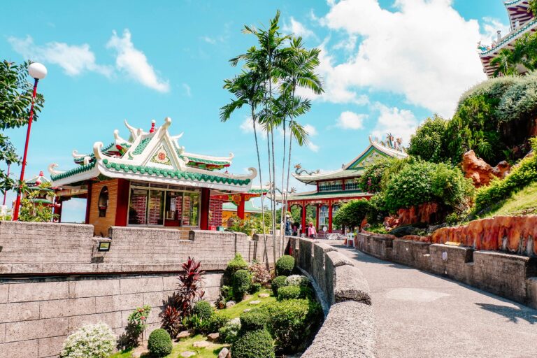Scenic view of Taoist Temple surrounded by lush gardens in Cebu City, Philippines.