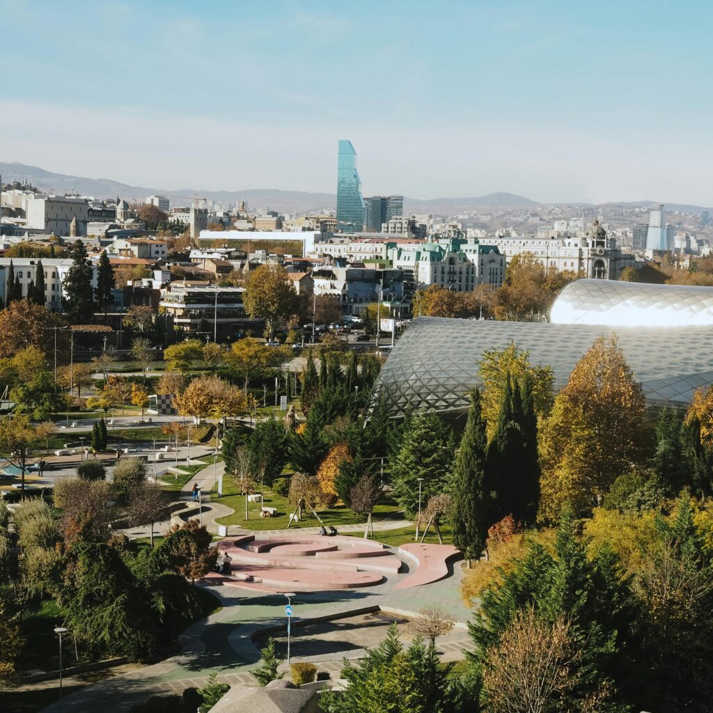 Explore the beautiful cityscape of Tbilisi, showcasing Rike Park and iconic architecture.