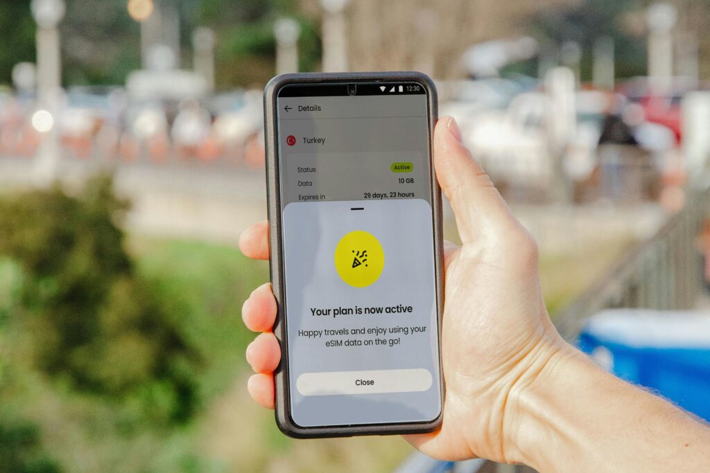 Smartphone showing active eSIM plan held outdoors, blurred city background.