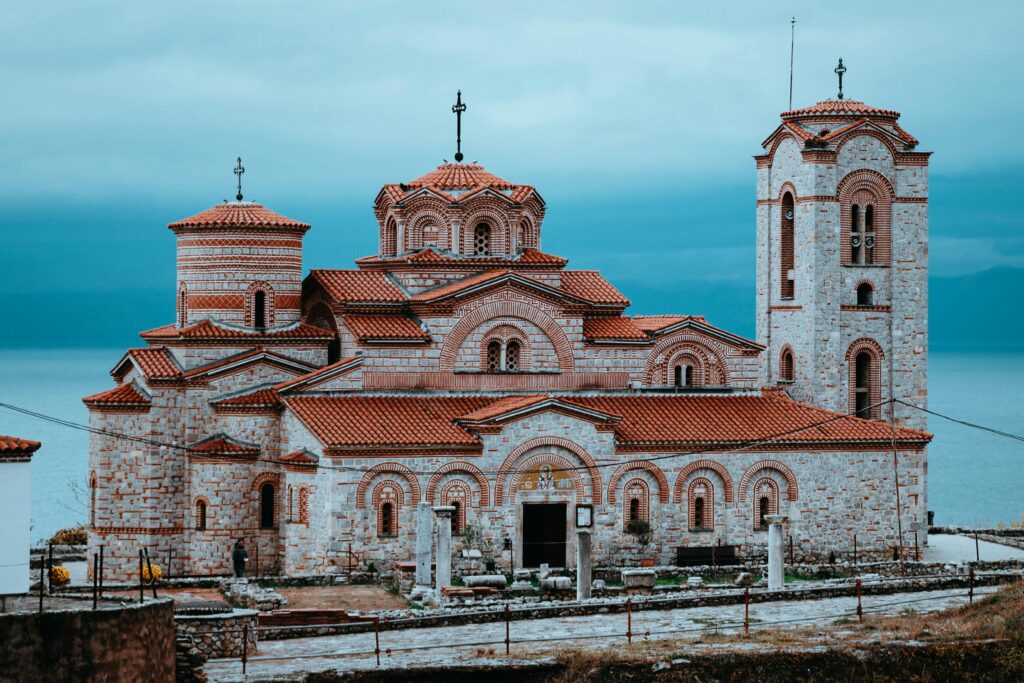 Explore the intricate Byzantine architecture of a historic church in Ohrid, North Macedonia.