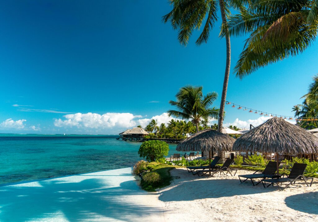Relaxing beach scene with palm trees and huts in French Polynesia.