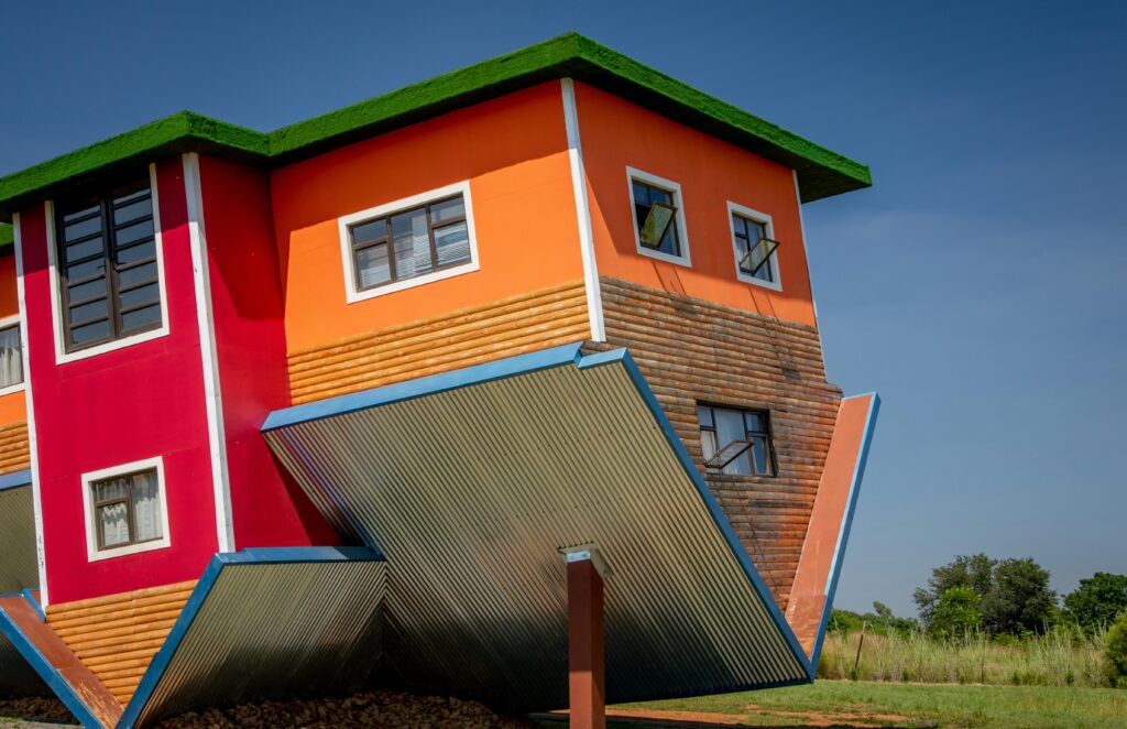 Colorful upside down house with a unique architectural design in Hartbeespoort, South Africa.